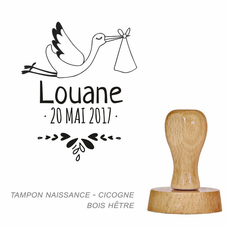 Tampon bois Naissance Cigogne à personnaliser