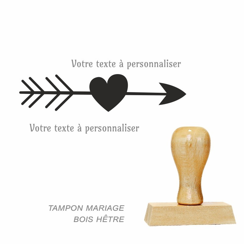 Tampon bois rectangle mariage coeur flèche à personnaliser
