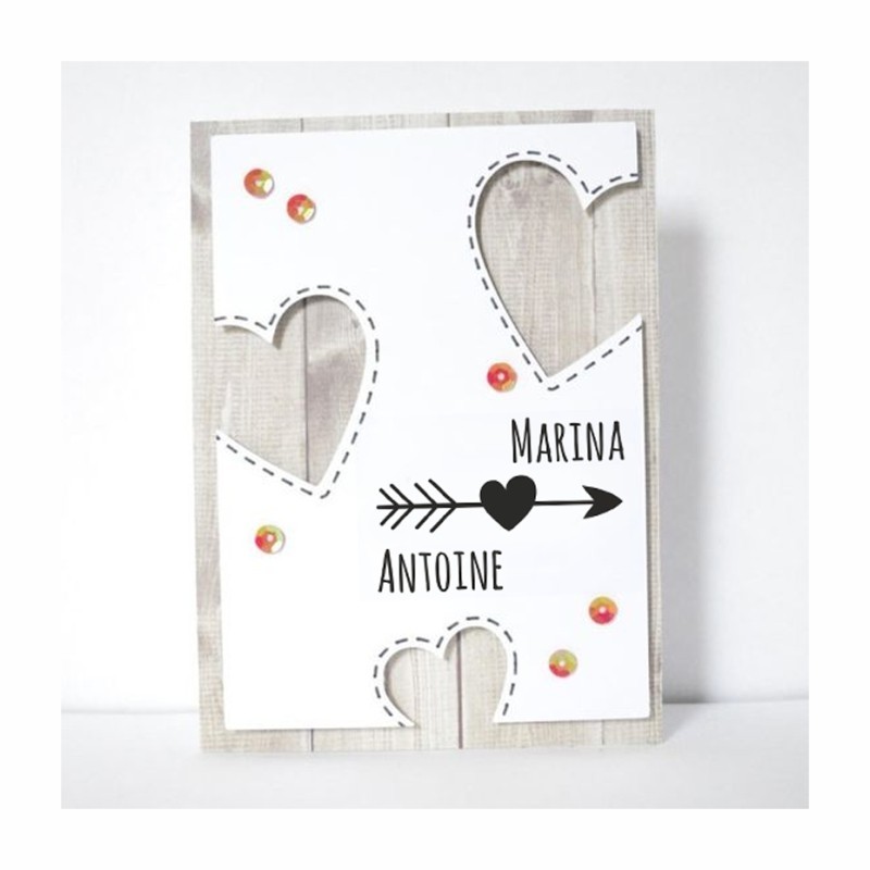 Tampon bois rectangle mariage coeur flèche à personnaliser