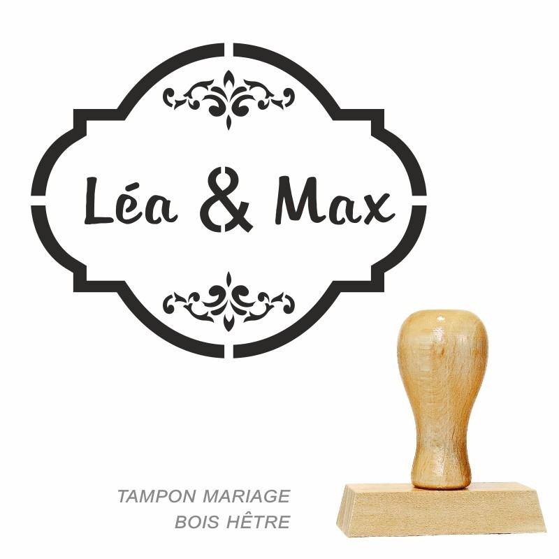 Tampon bois rectangle mariage arabesque cadre à personnaliser