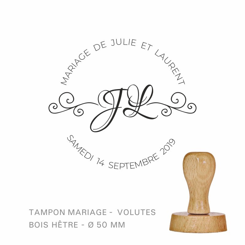 Tampon bois mariage volutes à personnaliser. Gravure sur caoutchouc