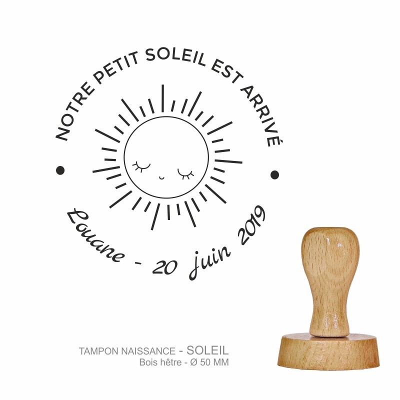 Tampon naissance "Soleil" à personnaliser. Gravure sur caoutchouc