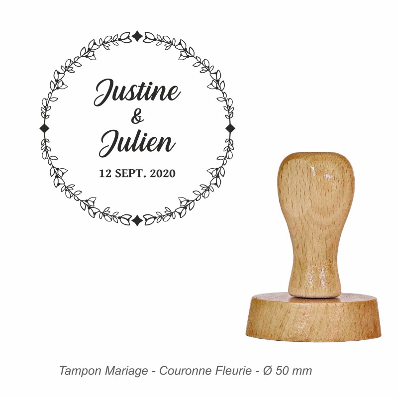 Tampon mariage en bois - motif couronne fleurie