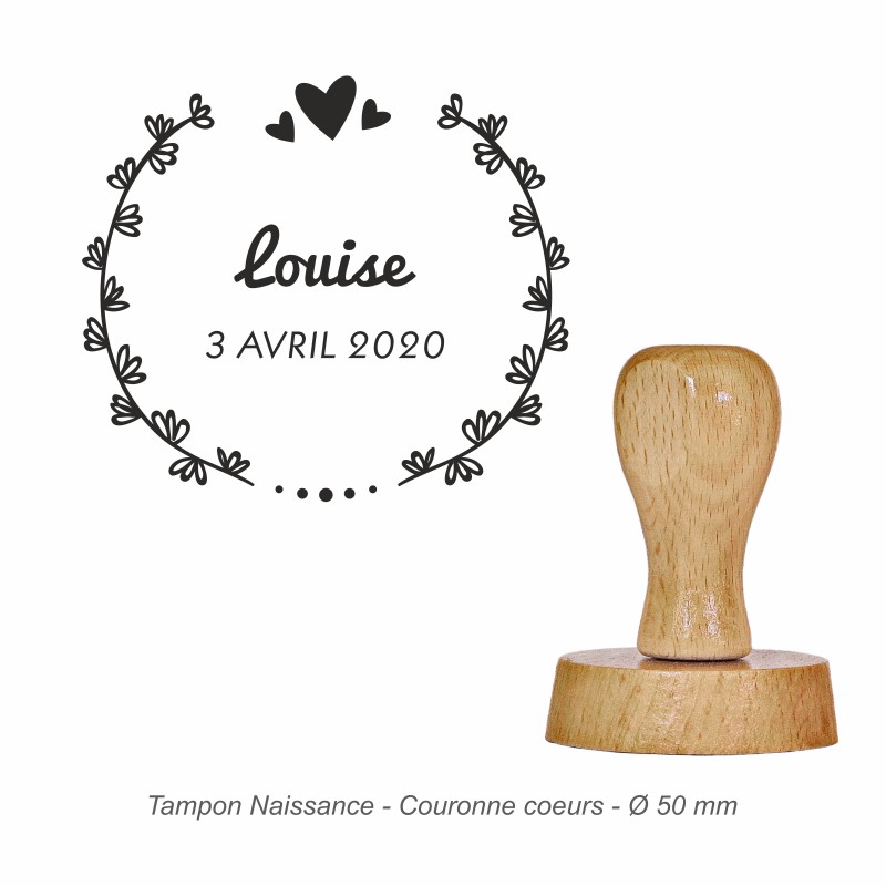 Tampon naissance "Couronne coeurs" à personnaliser. Gravure sur caoutchouc