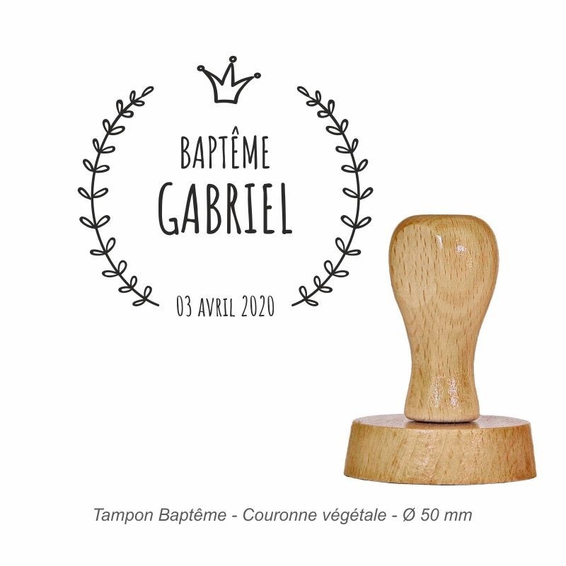 Tampon baptême "Couronne végétale" à personnaliser. Gravure sur caoutchouc