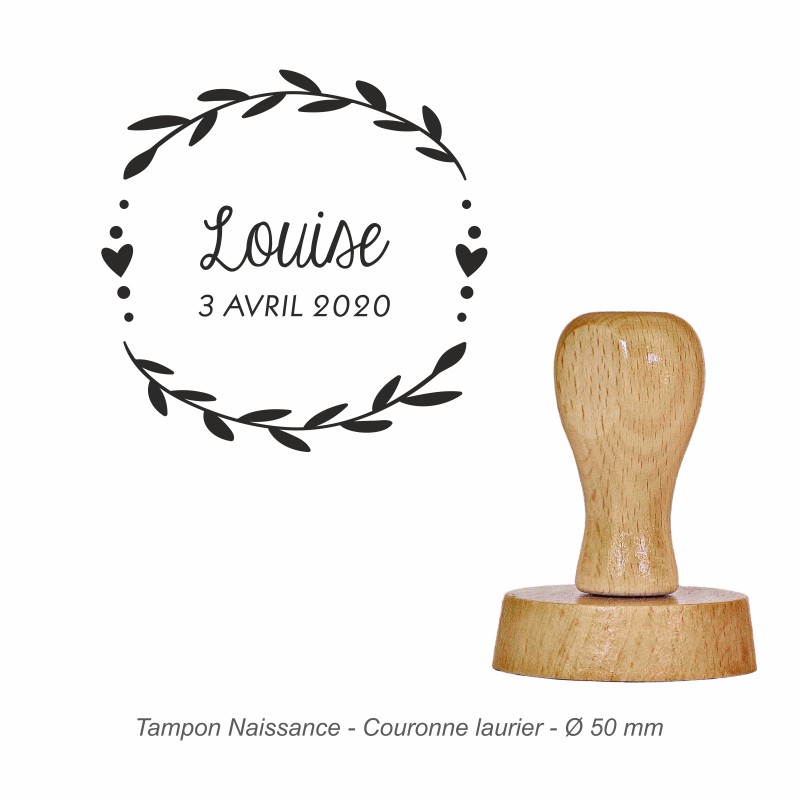 Tampon naissance "Couronne laurier" à personnaliser. Gravure sur caoutchouc