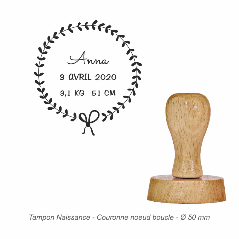 Tampon naissance "Couronne noeud boucle" à personnaliser. Gravure sur caoutchouc