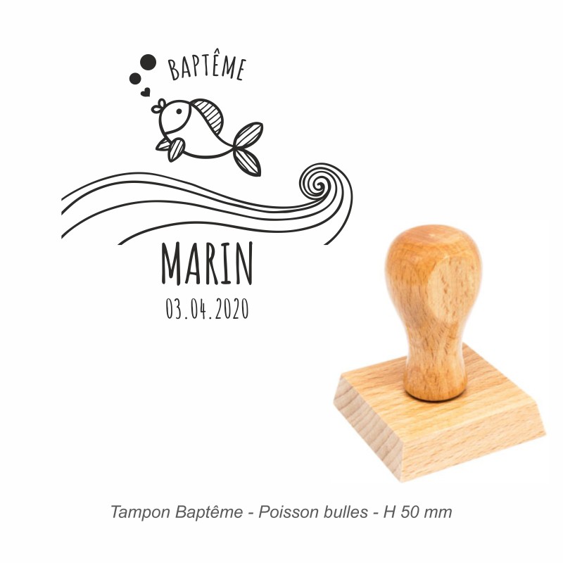 Tampon baptême "Poisson bulles" à personnaliser. Gravure sur caoutchouc