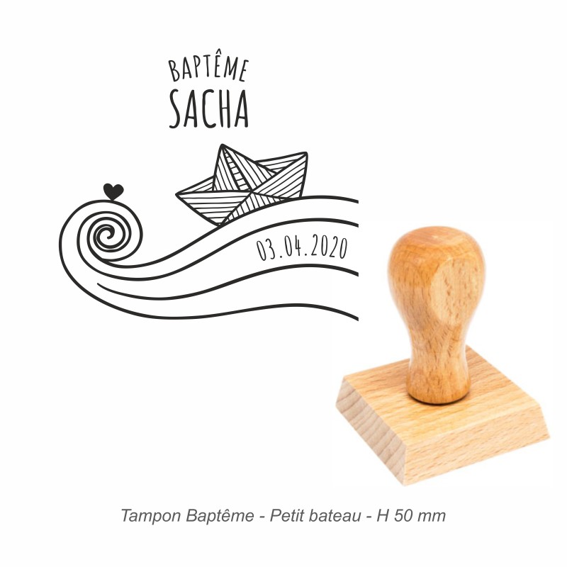 Tampon baptême "Petit bateau" à personnaliser. Gravure sur caoutchouc