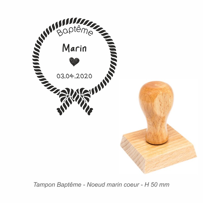 Tampon baptême "Noeud marin coeur" à personnaliser. Gravure sur caoutchouc