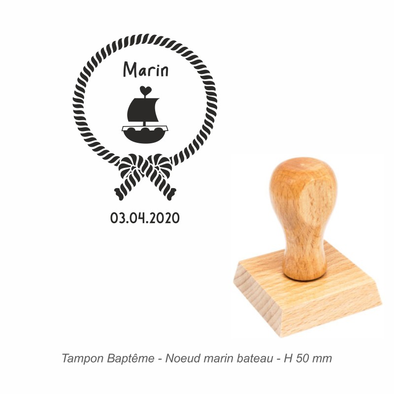 Tampon baptême "Noeud marin bateau" à personnaliser. Gravure sur caoutchouc
