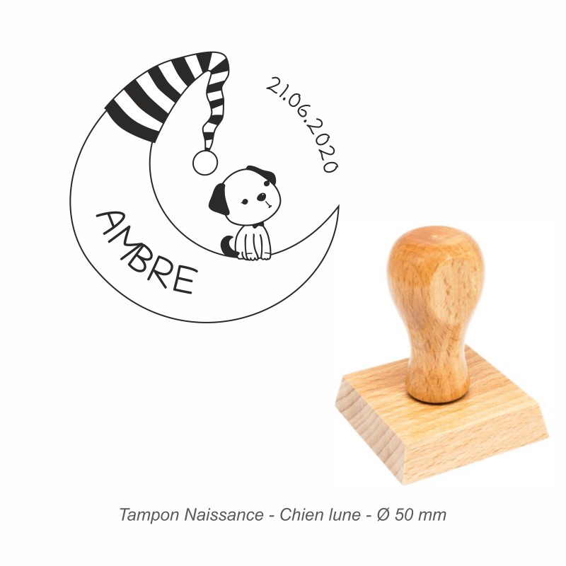 Tampon naissance "Chien lune" à personnaliser. Gravure sur caoutchouc
