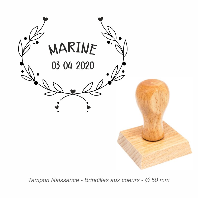 Tampon naissance "Brindilles aux coeurs" à personnaliser. Gravure sur caoutchouc