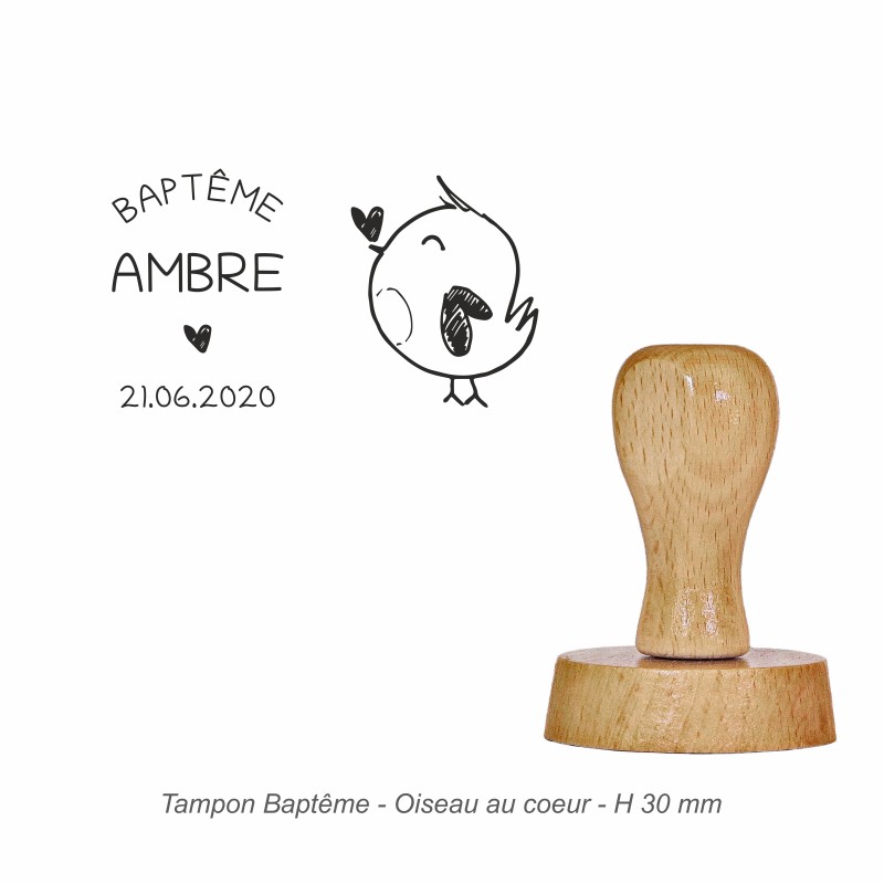 Tampon baptême "Oiseau au coeur" à personnaliser. Gravure sur caoutchouc